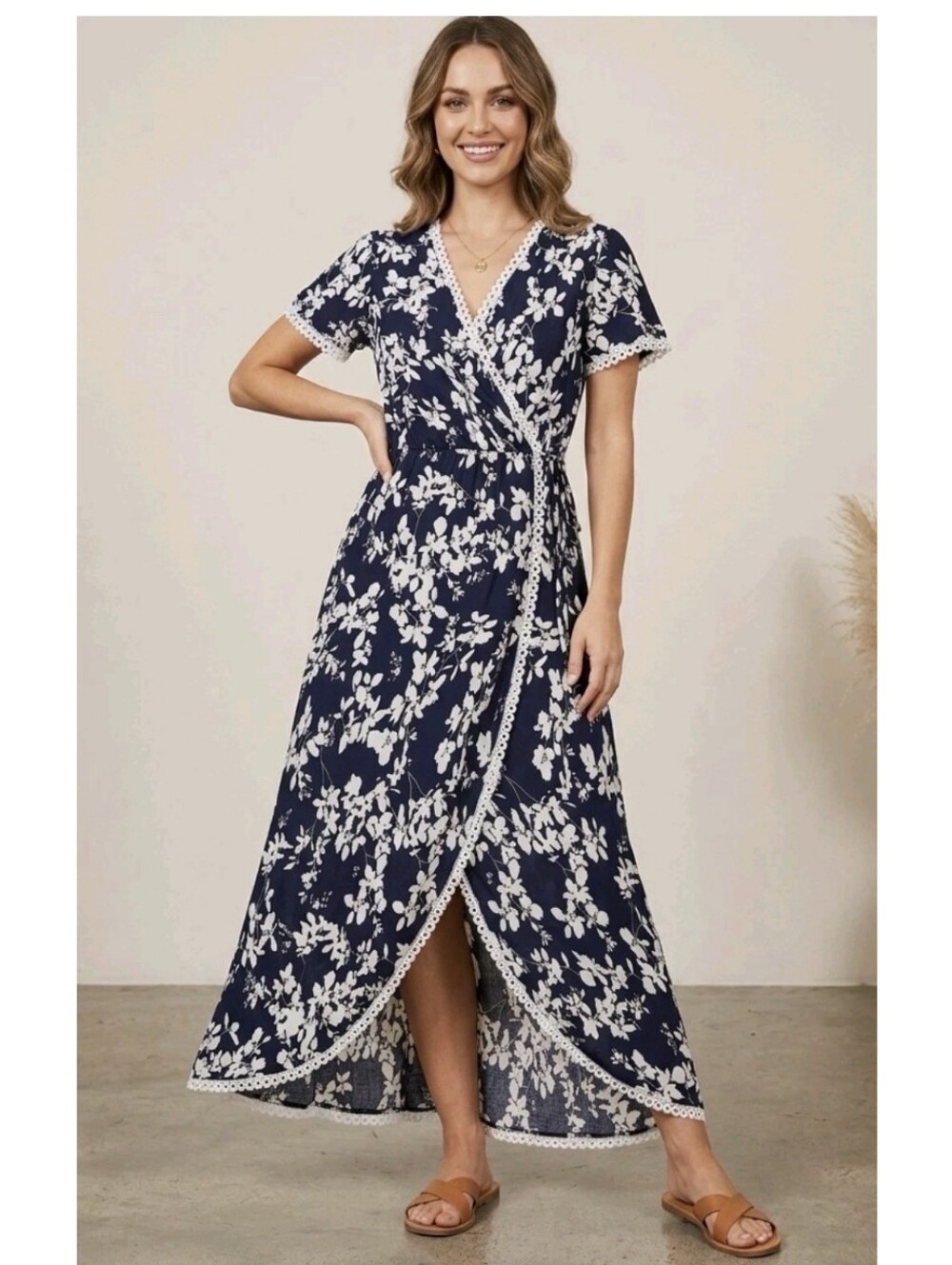 Anthropologie Navy and White Floral Wrap Maxi Dress